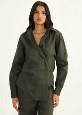 A Model Wearing Green Linen Dark Green Linen Shirt , curated by Only Ethikal